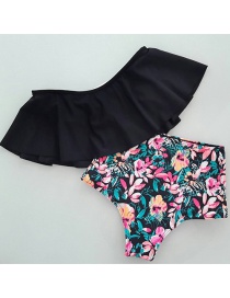 Fashion Black Top Floral Print One-shoulder Ruffled High Waist Bikini