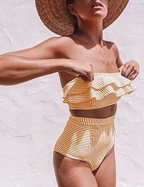 Fashion Yellow Irregular Striped Ruffled High Waist Split Swimsuit