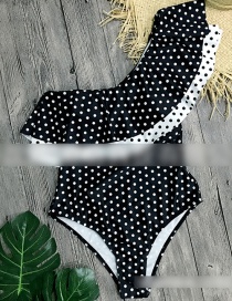 Fashion Black And White Wave Point Polka-dot One-shoulder Double-layer Ruffled One-piece Swimsuit