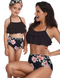 Fashion Adults On Black Flowers Printed High Waist Parent-child Swimsuit