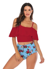 Fashion Red + Blue Print Pleated Ruffled Printed High-waist Split Swimsuit