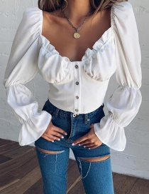 Fashion White Wooden Ear Horn Sleeves Collar Single-breasted T-shirt