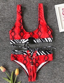 Fashion Red Snakeskin Socket Leopard Swimsuit Split