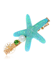 Fashion Blue Alloy Diamond-studded Pearl Starfish Hairpin