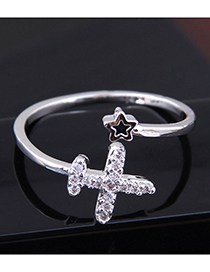Fashion Silver Copper Inlaid Zircon Airplane Opening Ring