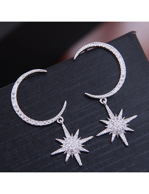 Fashion Silver Copper Micro-inlaid Zircon Star And Moon Earrings
