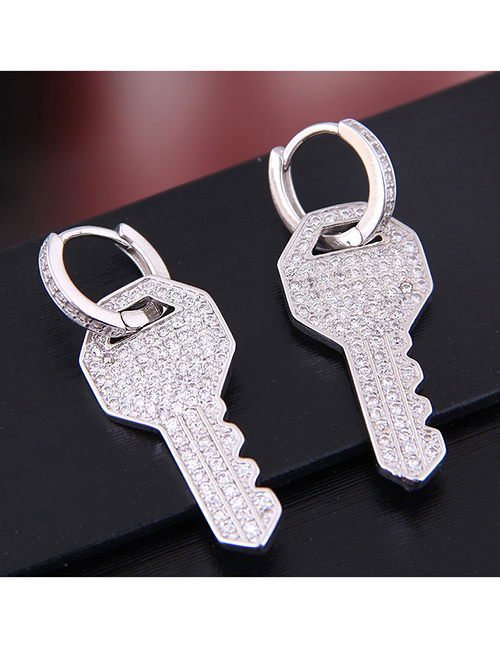 Fashion Silver Copper Micro Inlaid Zircon Key Stud Earrings