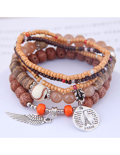 Fashion Brown Disc Tower Wings Beizhu Multilayer Female Bracelet