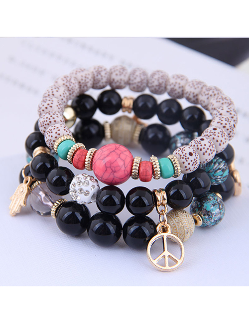 Fashion Black Wooden Beads Multi-element Pendant Multi-layer Bracelet