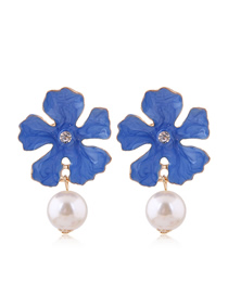 Fashion Blue Metal Flower Pearl Earrings