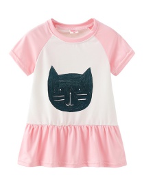 Fashion Pink Cartoon Cat Print Children's Dress