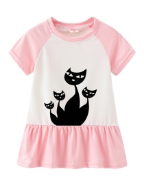 Fashion Pink Cartoon Cat Print Children's Dress