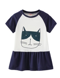 Fashion Blue Cartoon Cat Print Children's Dress