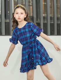 Fashion Dark Blue Square Plaid Dot Ruffled Children's Dress
