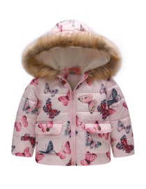 Fashion Foundation Butterfly Printed Fur Collar Children's Hooded Cotton Coat