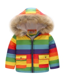 Fashion Striped Rainbow Printed Fur Collar Children's Hooded Cotton Coat