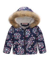 Fashion Blue Snowflake Printed Fur Collar Children's Hooded Cotton Coat