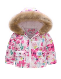 Fashion White Flowers Printed Fur Collar Children's Hooded Cotton Coat