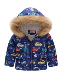 Fashion Blue-colored Car Printed Fur Collar Children's Hooded Cotton Coat