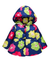 Fashion Blue-striped Flower Printed Button Children's Hooded Cotton Suit