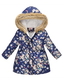 Fashion Nasal Blue Flower Print Cartoon Fur Collar Big Boy Hooded Cotton Coat