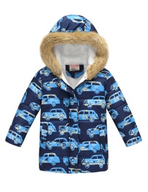 Fashion Blue Car Cartoon Printed Thick Fur Collar Big Children's Cotton Jacket