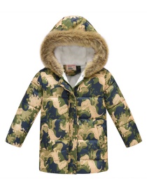 Fashion Camouflage Dinosaur Cartoon Printed Thick Fur Collar Big Children's Cotton Jacket