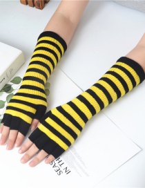 Fashion Black + Yellow Wool Half Finger Striped Gloves