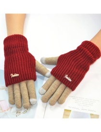 Fashion Khaki + Red Touch Screen Knit Wool Brushed Fake Two-piece Gloves