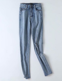 Fashion Blue Washed Raw Zippered Jeans Trousers