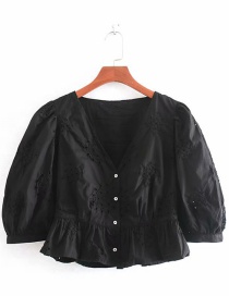 Fashion Black Embroidered Openwork V-neck Single-breasted Shirt