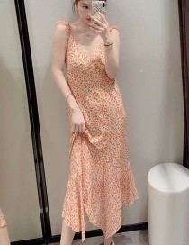 Fashion Orange Flower Print Irregular Sling Dress