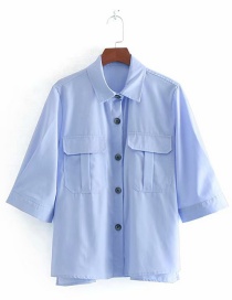 Fashion Blue Tooling Pocket Lapel Shirt