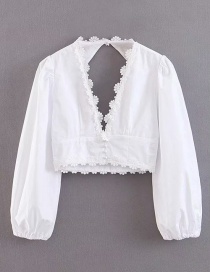 Fashion White Embroidered Three-dimensional Daisy Lace Bubble Sleeve Backless Shirt