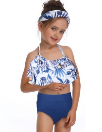 Fashion Flower Under Blue Printed Ruffled Hanging Neck Children's Swimsuit