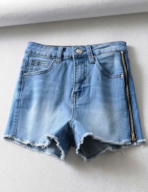 Fashion Blue Washed Side Zippered Denim Shorts
