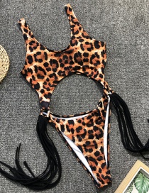 Fashion Leopard Hollow Steel Ring Tassel One-piece Swimsuit
