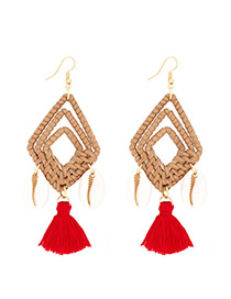 Fashion Red Alloy Shell Rattan Diamond Tassel Earrings