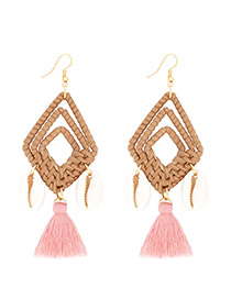 Fashion Pink Alloy Shell Rattan Diamond Tassel Earrings