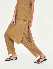Fashion Khaki Pure Linen Split Culottes Trousers