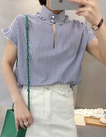 Fashion Blue Color Strips Full Cotton Side Short Sleeves