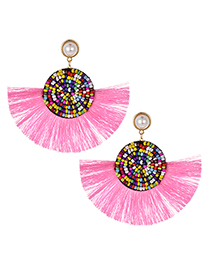 Fashion Pink Alloy Beaded Pearl Tassel Stud Earrings