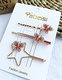 Fashion Red Alloy Pentagram Butterfly Diamond Hair Clip Set