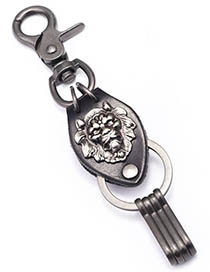 Fashion Ancient Silver Leather Rope Woven Metal Lion Keychain
