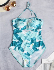 Fashion Green Leaf Print Hanging Neck Tie One-piece Swimsuit