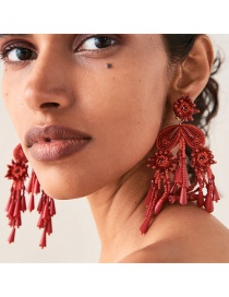 Fashion Red Acrylic Crystal Rice Beads Flower Tassel Earrings