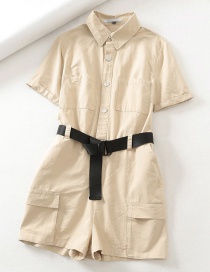 Fashion Khaki Front Buttoned Work Pocket With Belted Jumpsuit