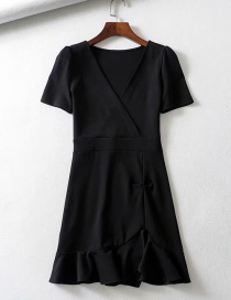 Fashion Black Ruffled V-neck Irregular Dress