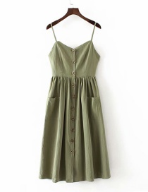Fashion Green Sling Double Pocket Single Breasted Dress