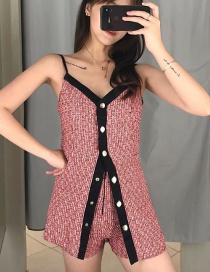 Fashion Red Wool Sling Single-breasted Jumpsuit